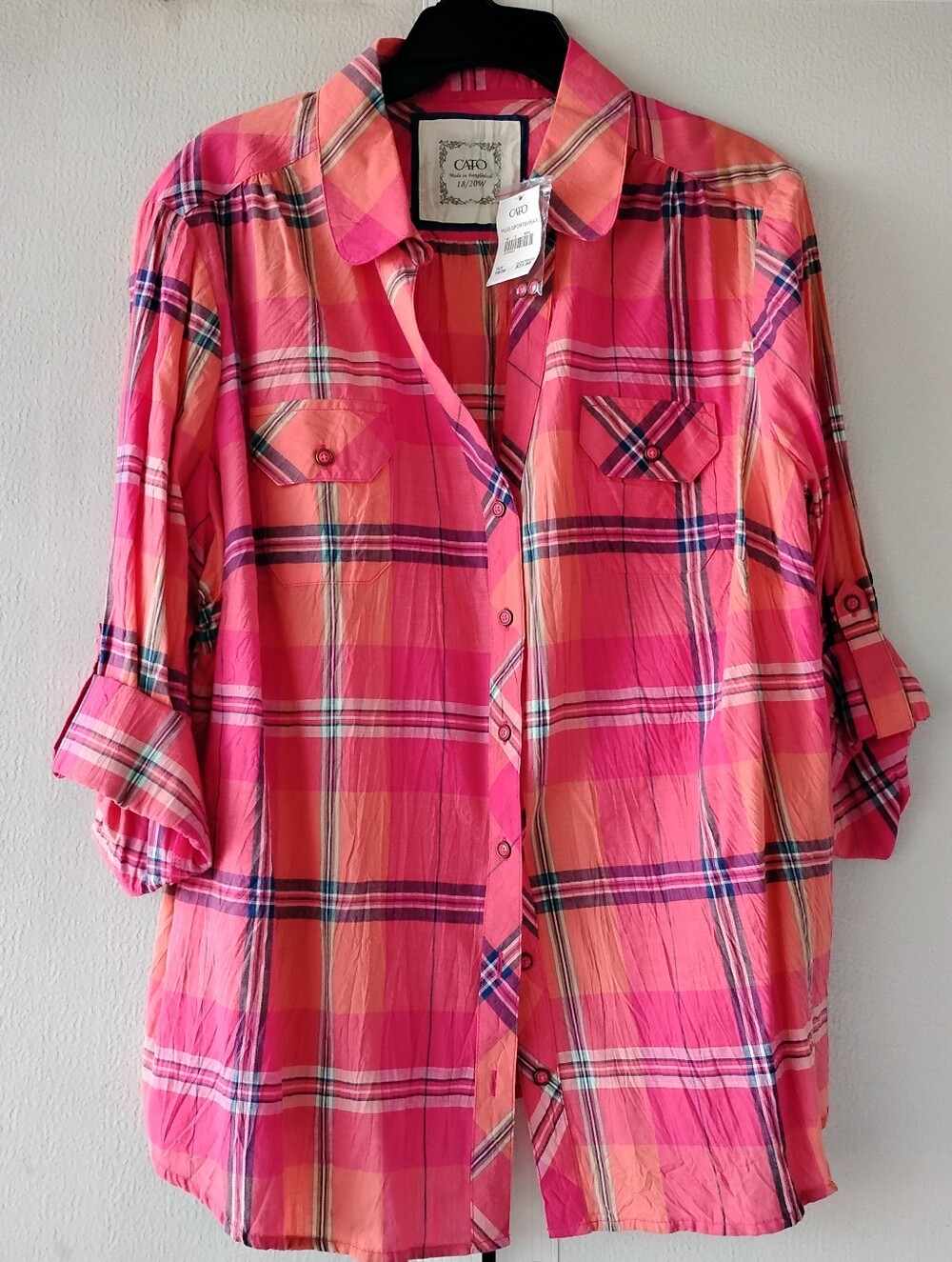 Cato Pink Coral Plaid Button-Down Shirt